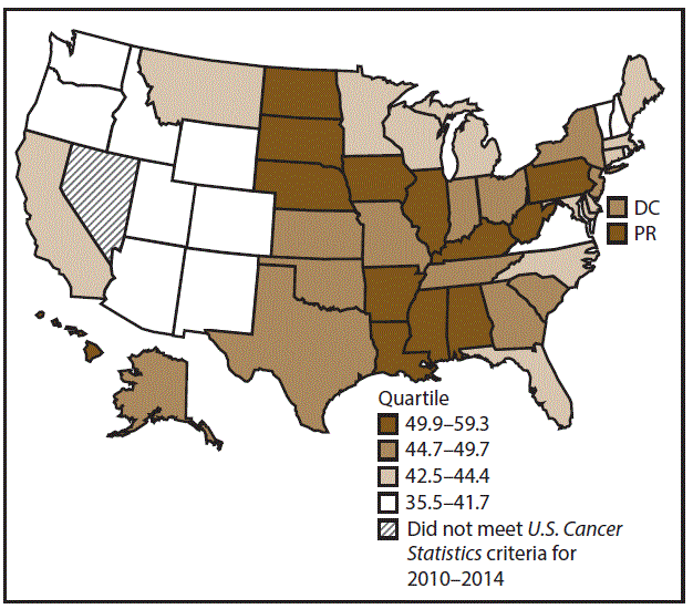This figure is a U.S. map showing the incidence rates for male colon and rectal cancers for 2010&ndash;2014.