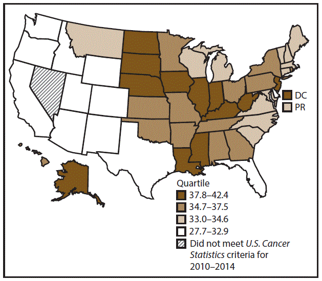 This figure is a U.S. map showing the incidence rates for female colon and rectal cancers for 2010&ndash;2014.