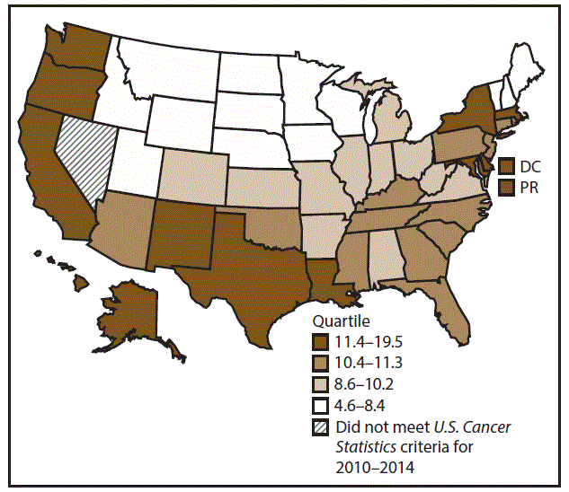 This figure is a U.S. map showing the incidence rates for male liver cancer for 2010&ndash;2014.
