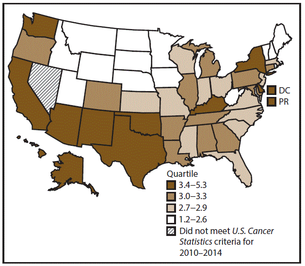 This figure is a U.S. map showing the incidence rates for female liver cancer for 2010&ndash;2014.