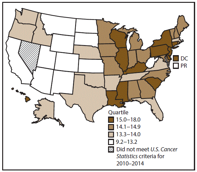 This figure is a U.S. map showing the incidence rates for male pancreatic cancer for 2010&ndash;2014.