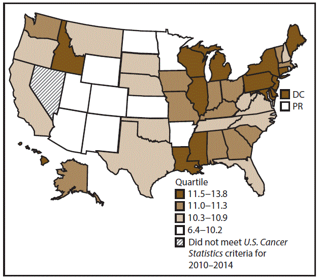This figure is a U.S. map showing the incidence rates for female pancreatic cancer for 2010&ndash;2014.