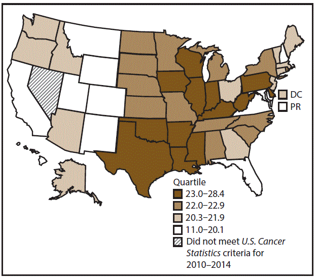 This figure is a U.S. map showing the incidence rates for male kidney and renal pelvis cancers for 2010&ndash;2014.