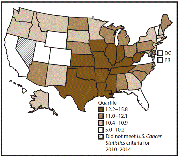 This figure is a U.S. map showing the incidence rates for female renal and pelvis cancers for 2010&ndash;2014.