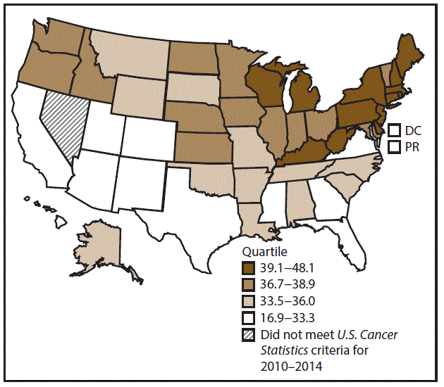 This figure is a U.S. map showing the incidence rates for male urinary bladder cancer for 2010&ndash;2014.