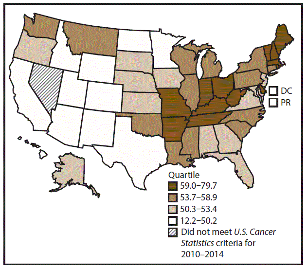 This figure is a U.S. map showing the incidence rates for female lung, bronchial, and tracheal cancers for 2010&ndash;2014.