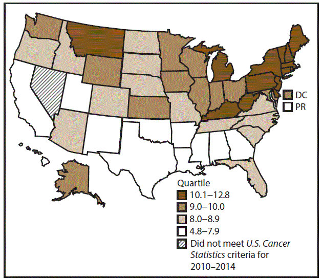 This figure is a U.S. map showing the incidence rates for female urinary bladder cancer for 2010&ndash;2014.