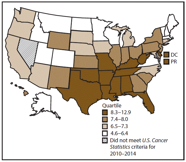 This figure is a U.S. map showing the incidence rates for cervical cancer for 2010&ndash;2014.
