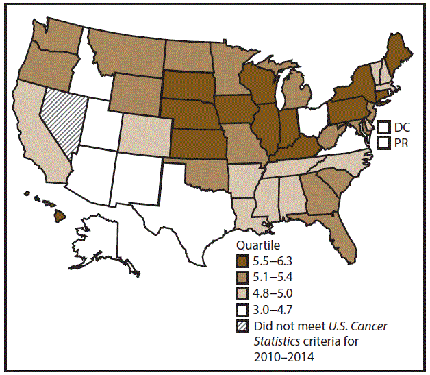 This figure is a U.S. map showing the incidence rates for male acute myeloid leukemia for 2010&ndash;2014.