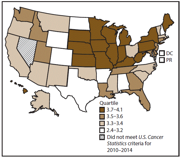 This figure is a U.S. map showing the incidence rates for female acute myeloid leukemia for 2010&ndash;2014.