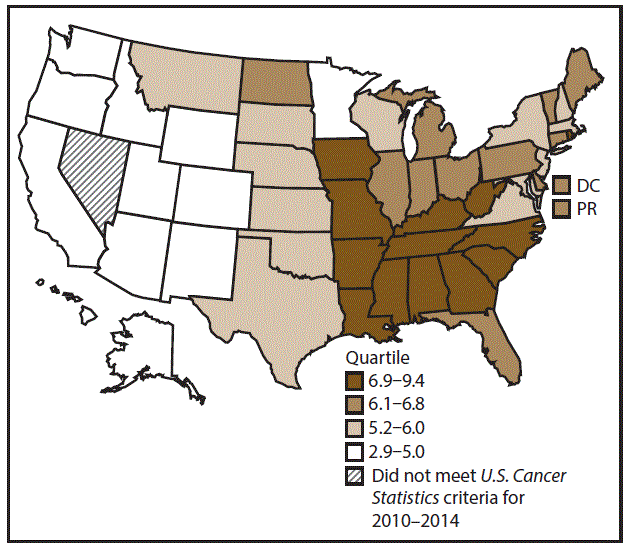 This figure is a U.S. map showing the incidence rates for male laryngeal cancer for 2010&ndash;2014.