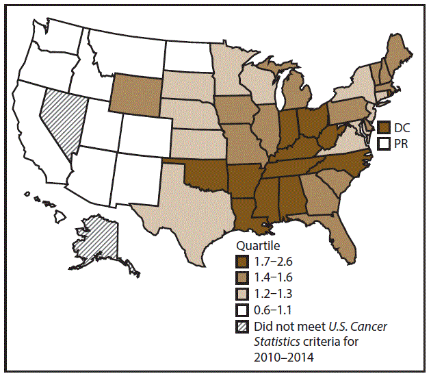 This figure is a U.S. map showing the incidence rates for female laryngeal cancer for 2010&ndash;2014.