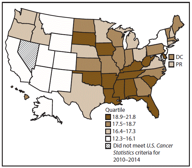 This figure is a U.S. map showing the incidence rates for male oral cavity and pharyngeal cancers for 2010&ndash;2014.