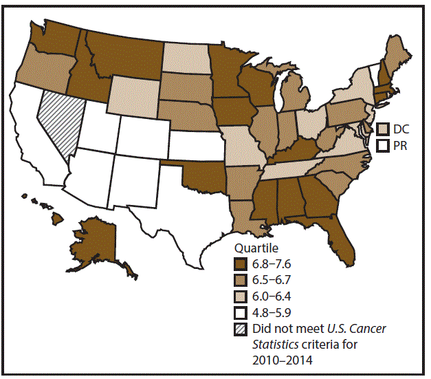 This figure is a U.S. map showing the incidence rates for female oral cavity and pharyngeal cancers for 2010&ndash;2014.