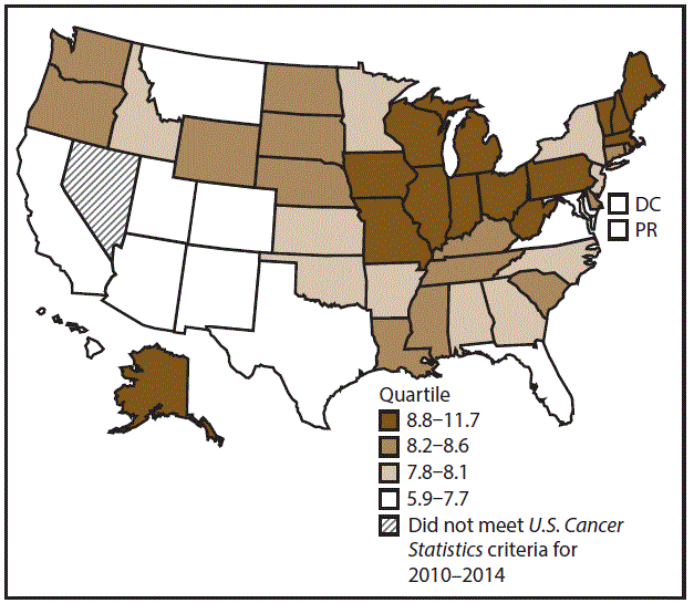 This figure is a U.S. map showing the incidence rates for male esophageal cancer for 2010&ndash;2014.