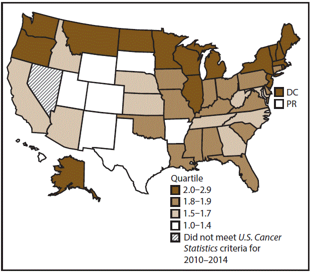 This figure is a U.S. map showing the incidence rates for female esophageal cancer for 2010&ndash;2014.