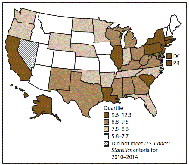 This figure is a U.S. map showing the incidence rates for male stomach cancer for 2010&ndash;2014.