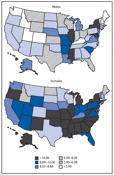 The figure above consists of two U.S. maps showing the annualized age-adjusted death rate per 1 million population for asthma deaths among persons aged 15&ndash;64 years, by sex and state, during 1999&ndash;2016.