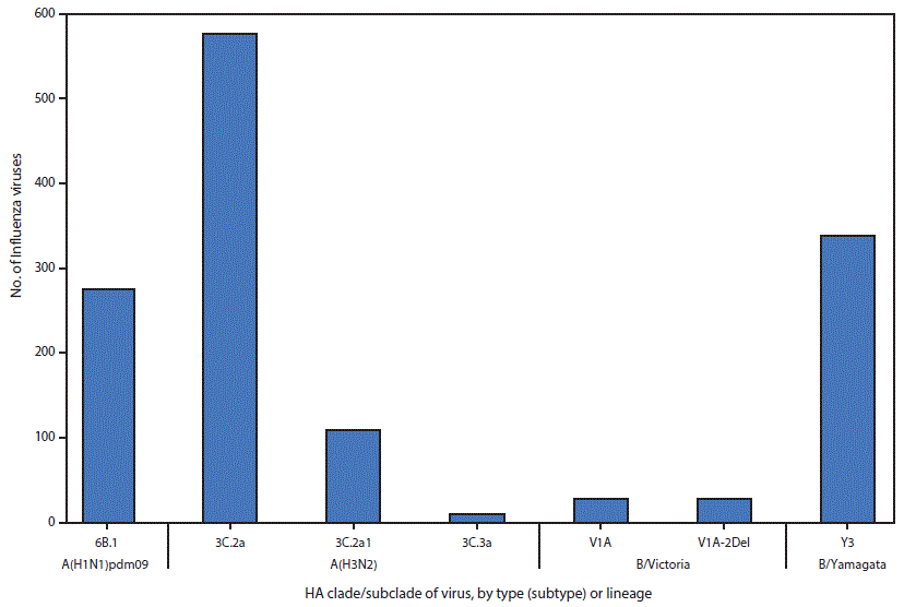 The figure above is a bar chart showing genetic characterization of viruses in the United States collected during October 1, 2017&ndash;February 3, 2018.