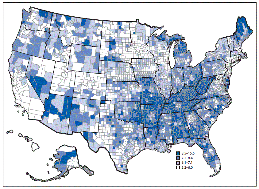 The figure above is a U.S. map showing the unadjusted prevalence of diagnosed chronic obstructive pulmonary disease among adults aged &ge;18 years, by county, in 2015.
