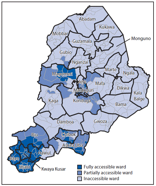 The figure above is a map of Nigeria showing the accessibility of local government areas, by ward, to polio eradication program personnel in the country&rsquo;s Borno State in September 2015.