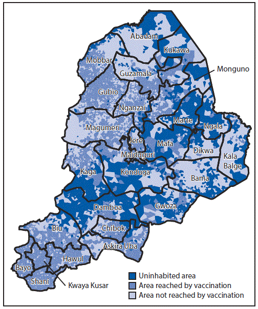 The figure above is a map of Nigeria showing polio vaccination coverage, by area, in the country&rsquo;s Borno State during August 2016&ndash;October 2017.