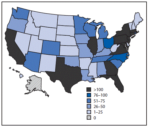 The figure above is a map showing the number of confirmed and probable Zika virus disease cases, by state of residence, in 50 U.S. states and the District of Columbia during January 1&ndash;December 31, 2016.