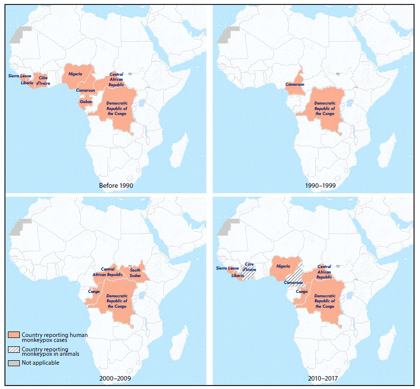 The figure above is a series of maps of Africa showing the countries in West and Central Africa reporting monkeypox cases in human and animals during 1970&ndash;2017, current as of February 25, 2018.