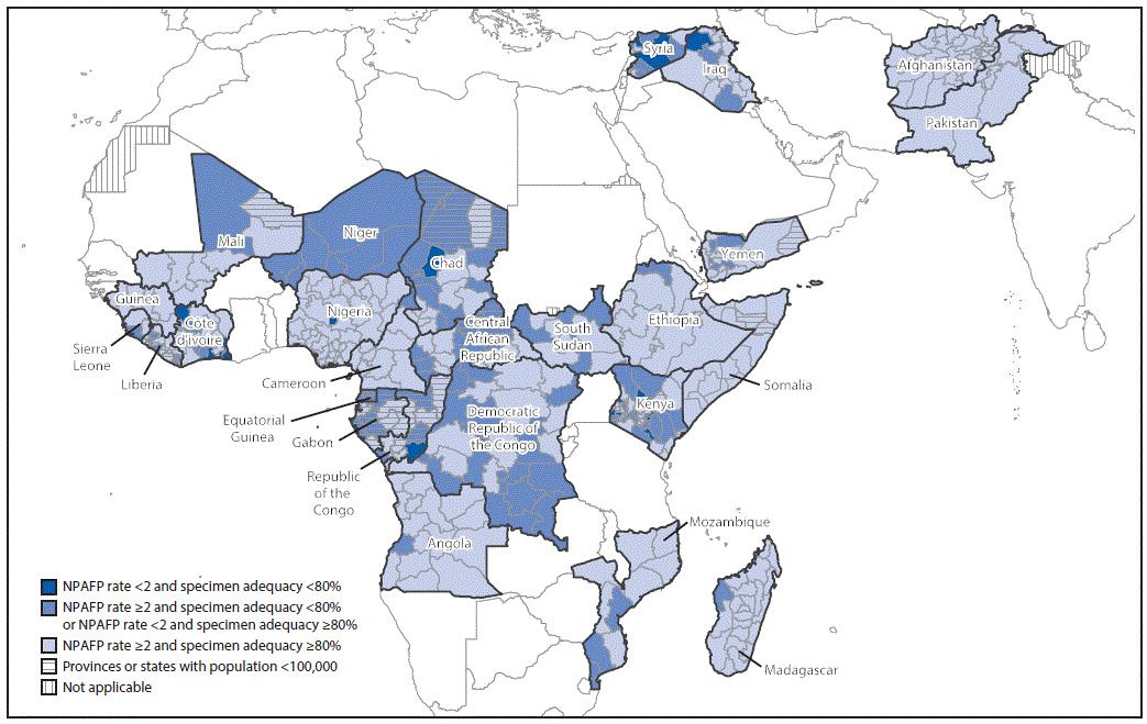 The figure above is a map showing combined performance indicators for the quality of acute flaccid paralysis surveillance in subnational areas (states and provinces) of 26 countries in the World Health Organization&rsquo;s African and Eastern Mediterranean Regions that had poliovirus transmission during 2011&ndash;2017 or were affected by the Ebola outbreak in West Africa during 2014&ndash;2015.