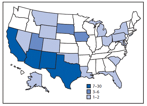 The figure above is a map showing infections with the outbreak strain of Salmonella Newport (n = 106), by state of residence in 21 states during October 2016&ndash;July 2017.