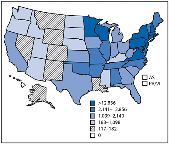 The figure above is a map of the United States showing reported cases of tickborne disease in U.S. states and territories during 2004&ndash;2016.