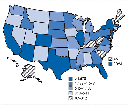 The figure above is a map of the United States showing reported cases of mosquitoborne disease in U.S. states and territories during 2004&ndash;2016.
