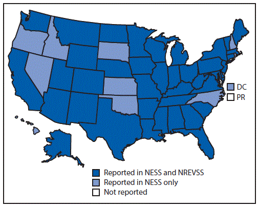 The figure above is a map of the United States showing the states from which enterovirus-positive or parechovirus-positive results were reported, by surveillance system (National Enterovirus Surveillance System or National Respiratory and Enteric Virus Surveillance System) during 2014&ndash;2016.