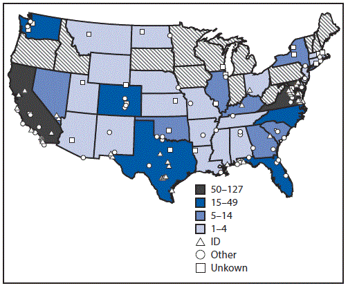 The figure above is a U.S. map showing the number of military service members who initiated human immunodeficiency virus (HIV) preexposure prophylaxis (PrEP) among personnel on active service who did not have HIV infection, by location of duty and prescribing clinic type, during 2014&ndash;2016.