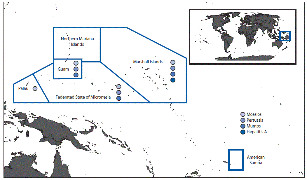 The above figure is a map showing vaccine-preventable disease outbreaks in U.S. Affiliated Pacific Islands during 2002&ndash;2018.