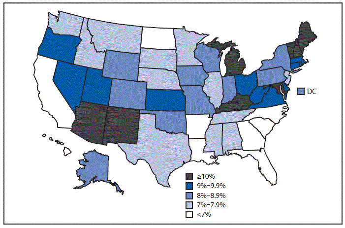 The figure above is a map of the United States showing that during 2014&ndash;2016, 8%26#37; of U.S. adults aged 18&ndash;64 years had current asthma. Current asthma prevalence was highest in New Hampshire (12.7%26#37;), Vermont (12.3%26#37;), Arizona (11.0%26#37;), Kentucky (10.8%26#37;), and Maine (10.8%26#37;). The prevalence was lowest in Hawaii (4.9%26#37;), North Dakota (5.7%26#37;), Arkansas (5.9%26#37;), South Carolina (6.2%26#37;), and North Carolina (6.2%26#37;).
