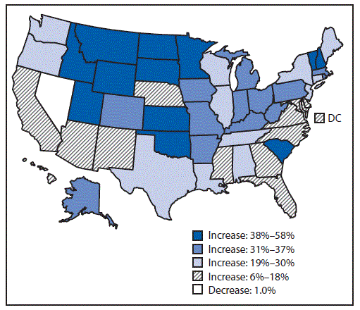 The figure above is a map of the United States showing the percent change in annual suicide rate, by state, in the United States, from 1999&ndash;2001 to 2014&ndash;2016.