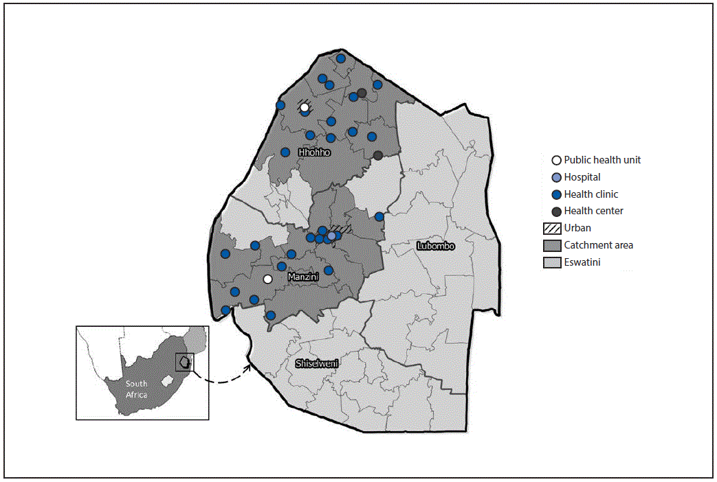 The figure above is a map of Eswatini showing CommLink catchment areas and referral human immunodeficiency virus&ndash;care facilities located in Eswatini during June 2015&ndash;March 2017.
