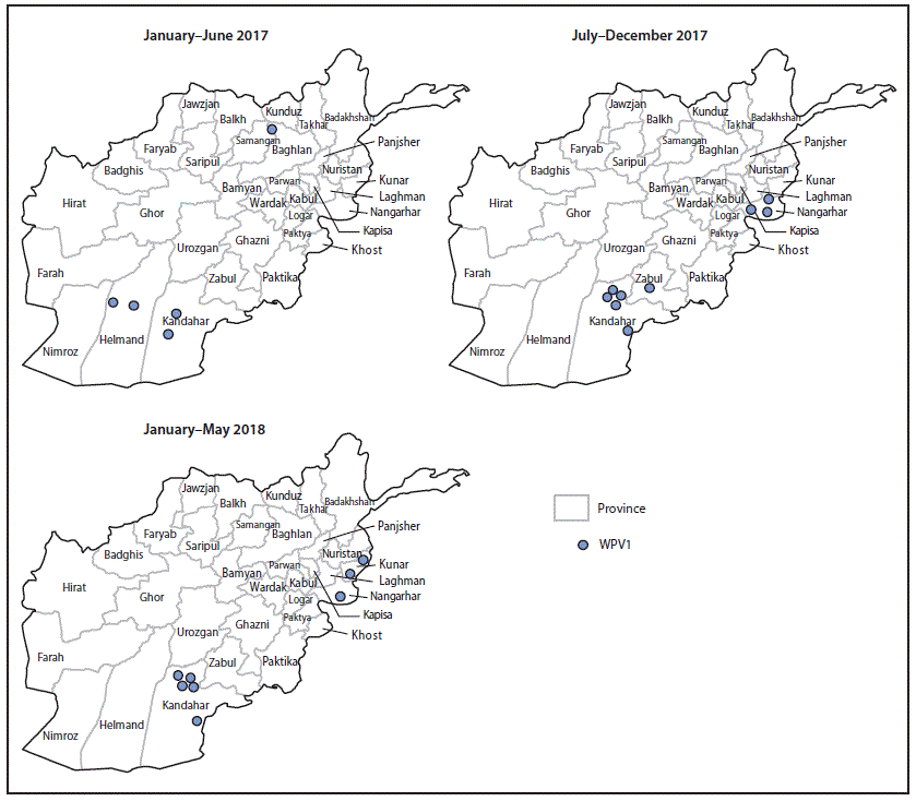 The figure above is a map of Afghanistan showing the location of wild poliovirus 1 cases by province during January 2014&ndash;May 2018.