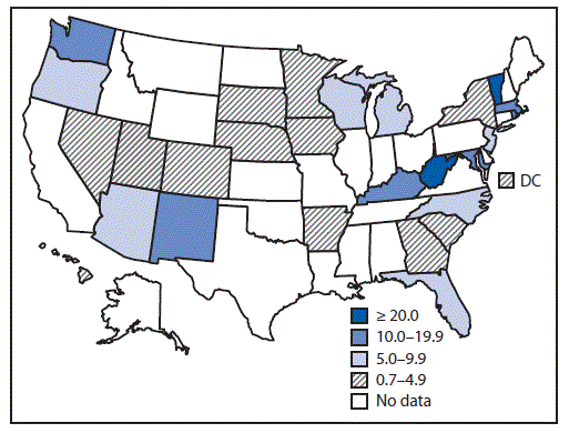 The figure above is a map showing the prevalence of opioid use disorder per 1,000 delivery hospitalizations in 28 U.S. states during 2013&ndash;2014.