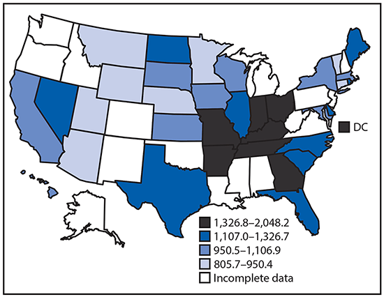 The figure above is a map showing the age-standardized overall Million Hearts&ndash;preventable event rates among adults aged &ge;18 years by U.S. state in 2016