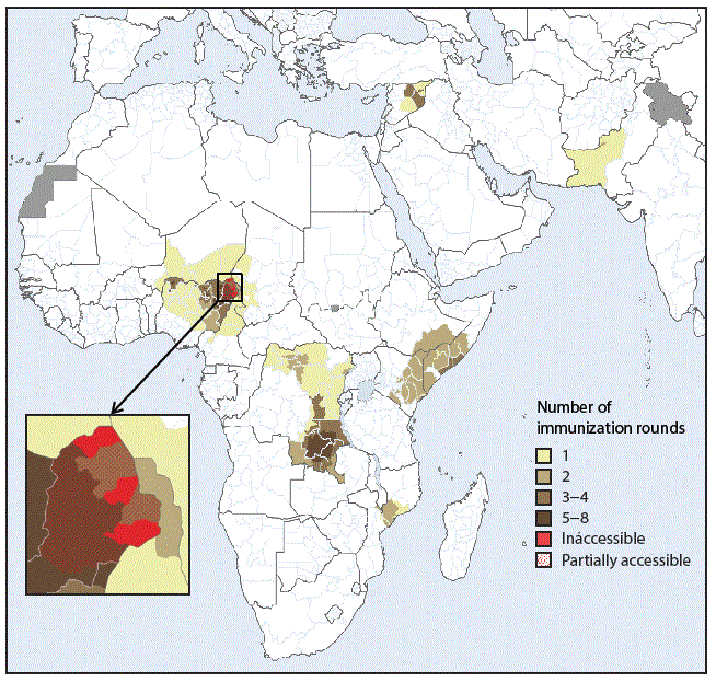 The figure above is a map showing areas where monovalent oral poliovirus vaccine type 2 has been used for prevention and control of circulating vaccine-derived poliovirus type 2 transmission, by number of immunization rounds during 2016&ndash;2018.