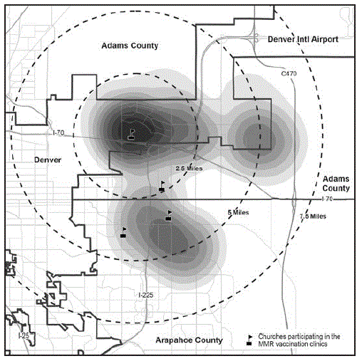 The figure is a map showing geographic density of an outbreak of mumps cases (n = 46) by geocoded residential address and location of measles-mumps-rubella vaccination clinics held during the public health response in Colorado during 2016&ndash;2017.