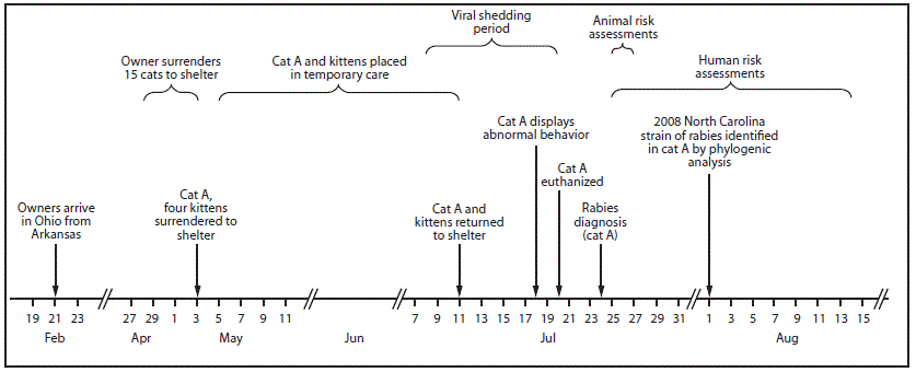 The figure is a timeline of the public health investigation of a rabid cat translocated from North Carolina to Ohio during February&ndash;August 2017.