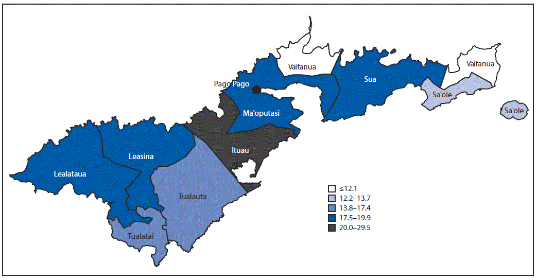 The figure is a map of American Samoa showing the number of laboratory-confirmed dengue cases per 1,000 persons, by county of residence, during November 2016&ndash;October 2018.