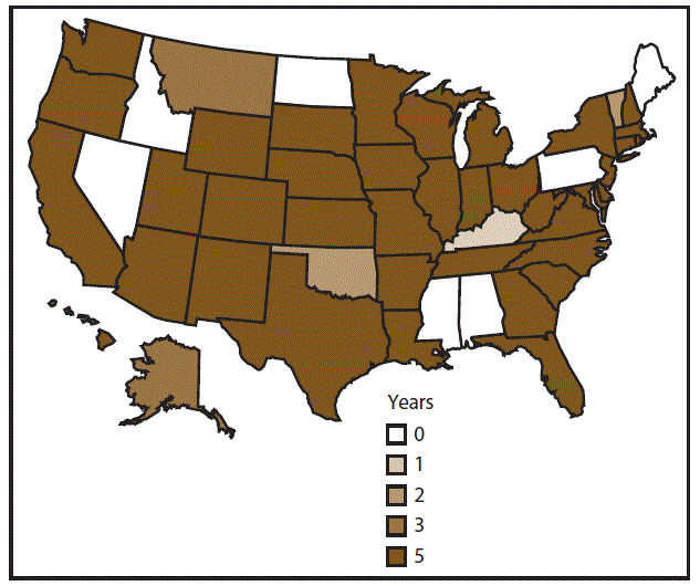 The figure is a map of the United States that shows the number of years that cyclosporiasis was reportable, by public health jurisdiction, during 2011&ndash;2015.