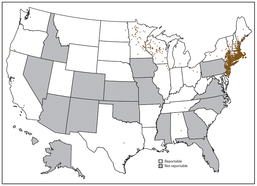 Map of the United States shows the number of reported cases of babesiosis by patient&rsquo;s county of residence for 2015. A total of 2,074 cases were reported to CDC.