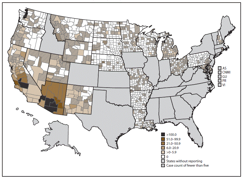 This figure is a map showing the average annual incidence of coccidioidomycosis during 2011&ndash;2017, shaded at the county level. The average annual incidence was highest in Maricopa County (166.0 per 100,000 population), Pinal County (150.7), and Pima County (120.3).