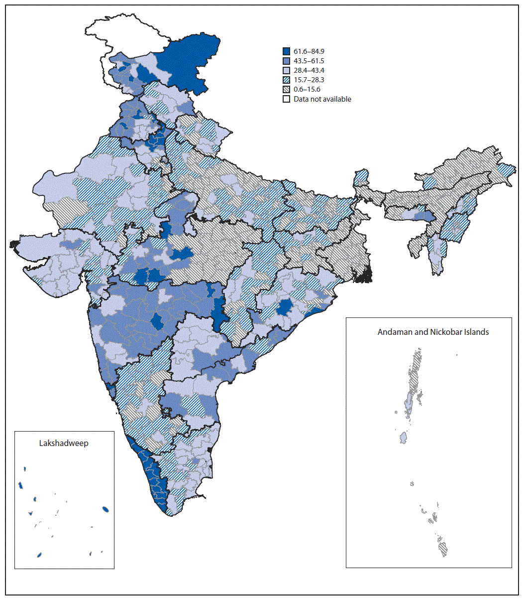 The figure is a map showing the prevalence of cervical cancer screening among women aged 30&ndash;49 years, by district in India during 2015&ndash;2016, according to the National Family Health Survey-4.