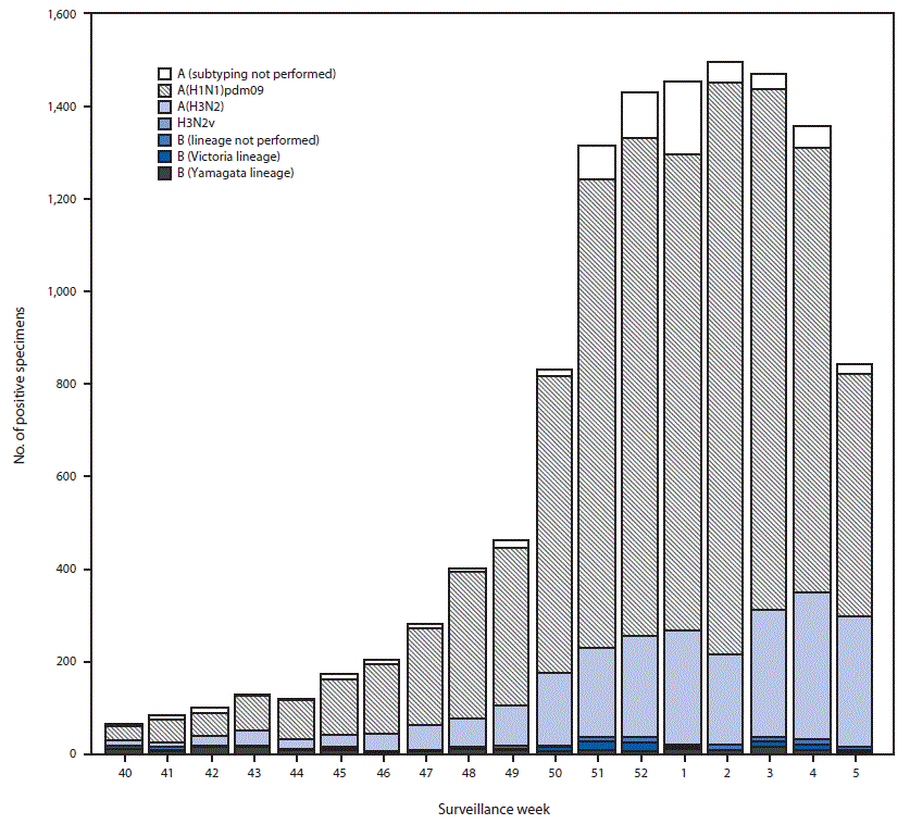 The figure is a bar chart showing the number of respiratory specimens testing positive for influenza reported by public health laboratories, by influenza virus type, subtype/lineage, and surveillance week, in the United States during September 30, 2018&ndash;February 2, 2019.